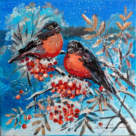 A pair of bullfinches having breakfast by artist Anastasia Shimanskaya